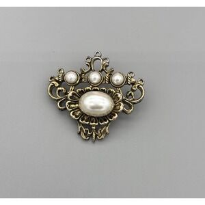 Faux Pearl Gold Tone Brooch Metal Pin Costume Jewelry 2" Victorian Vibe